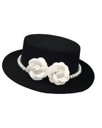 Palarie neagra, stil canotiera, handmade, cu flori si perle, Senna