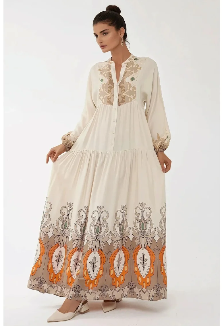 Rochie maxi,  maneca lunga, bej, textil