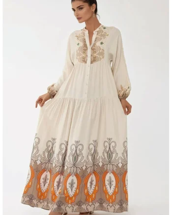 Rochie maxi,  maneca lunga, bej, textil