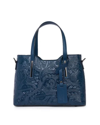 Geanta din piele naturala cu model floral Samantha, Bleumarin