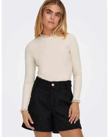Bluza striata cu garnituri de dantela, Alb fildes