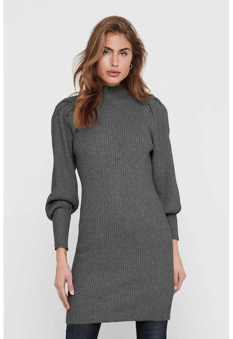 Rochie din tricot cu maneci bufante, Gri inchis melange