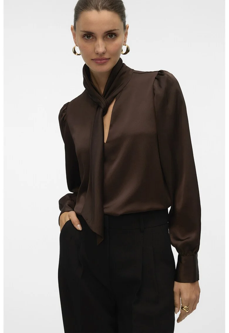Bluza din satin cu funda din panglici, Maro inchis