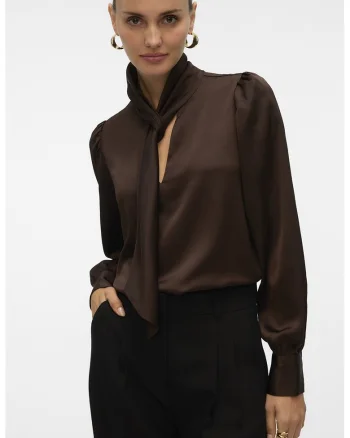 Bluza din satin cu funda din panglici, Maro inchis