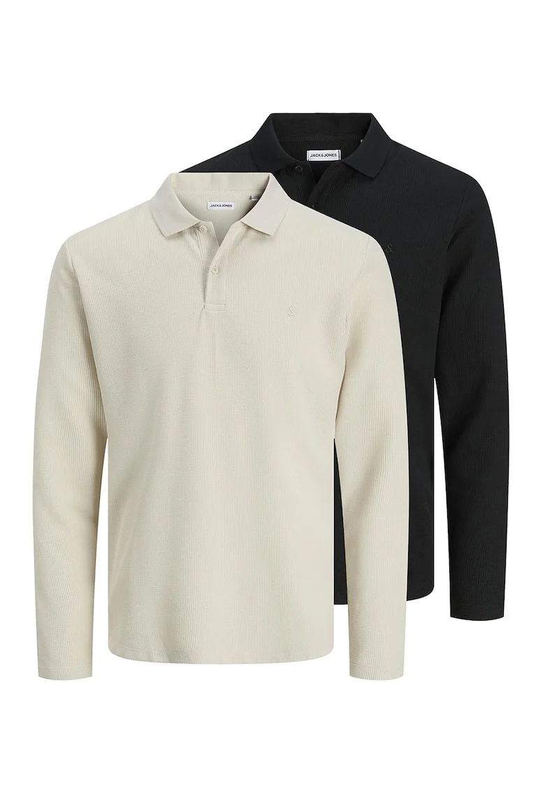 Set de bluze cu model uni si guler polo - 2 piese, Negru/Maro nisip