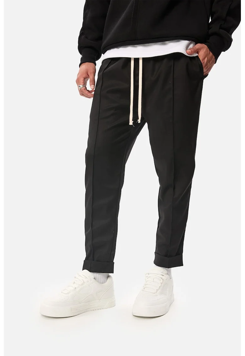 Pantaloni crop cu buzunare laterale si snur, Negru