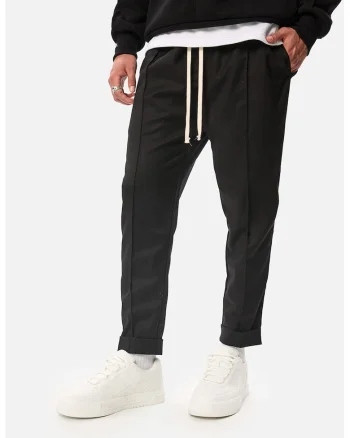 Pantaloni crop cu buzunare laterale si snur, Negru