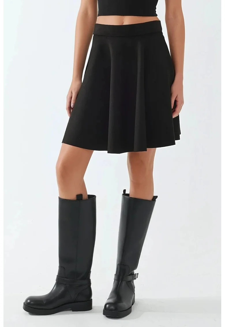 Fusta mini  din imitatie de piele intoarsa, talie inalta, neagra, textila