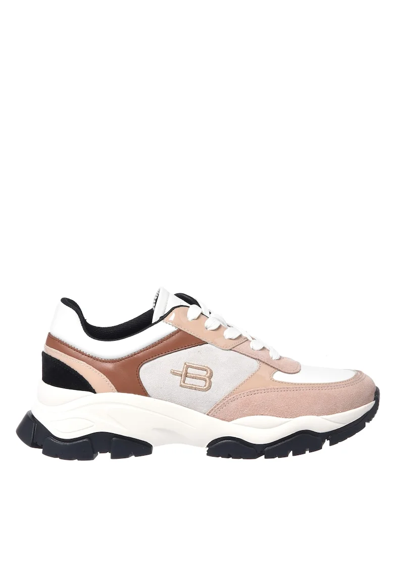 Pantofi sport din piele cu garnituri din piele intoarsa, Crem