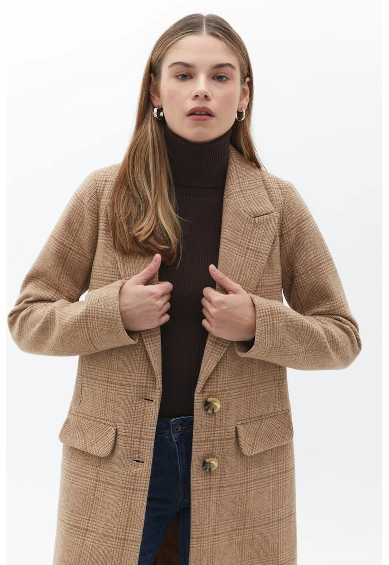 Palton din amestec de lana cu model in carouri, Maro taupe