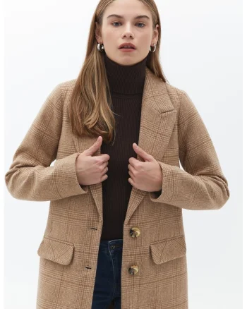Palton din amestec de lana cu model in carouri, Maro taupe