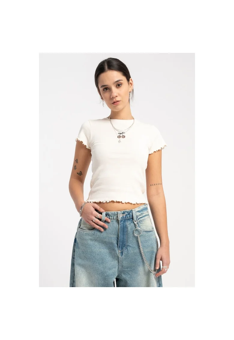 Tricou crop uni din amestec de bumbac,