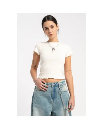 Tricou crop uni din amestec de bumbac,