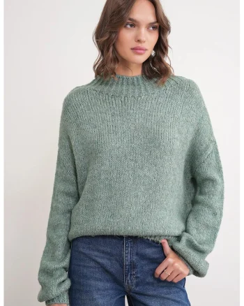 Pulover gros tricotat,  croiala relaxata, verde salvie, tricot, One Size