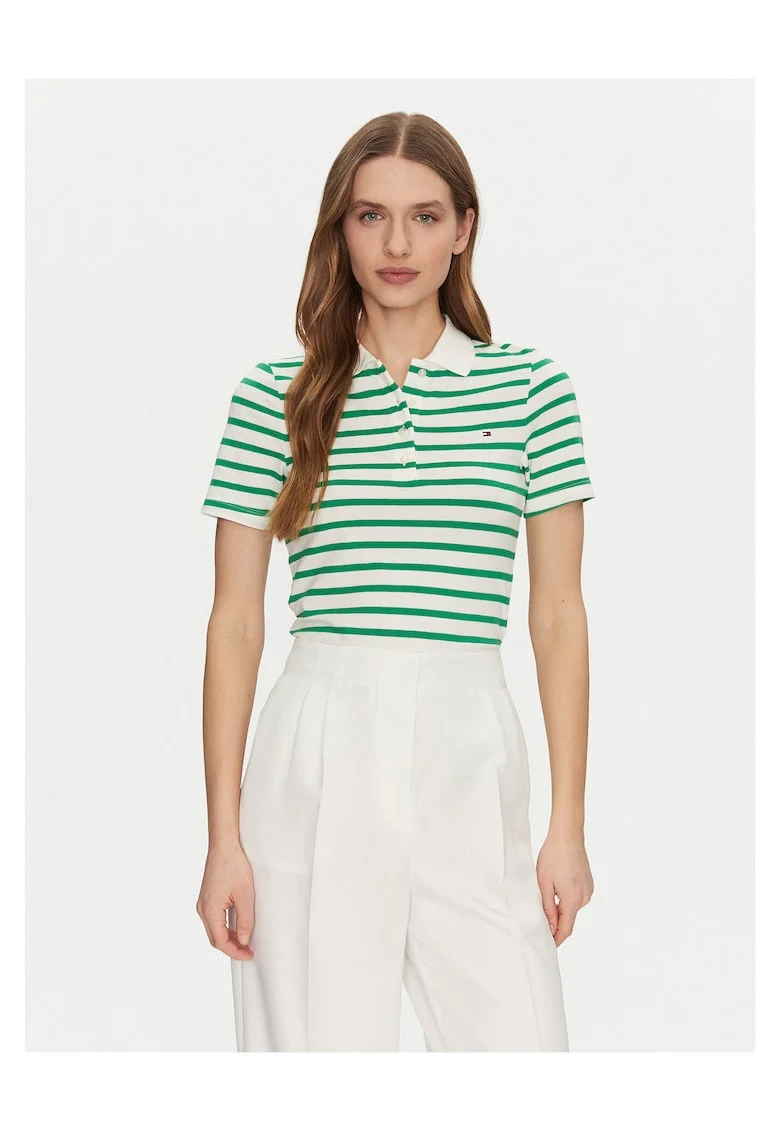 Tricou dama,  Verde/Alb, Dungi, Polo