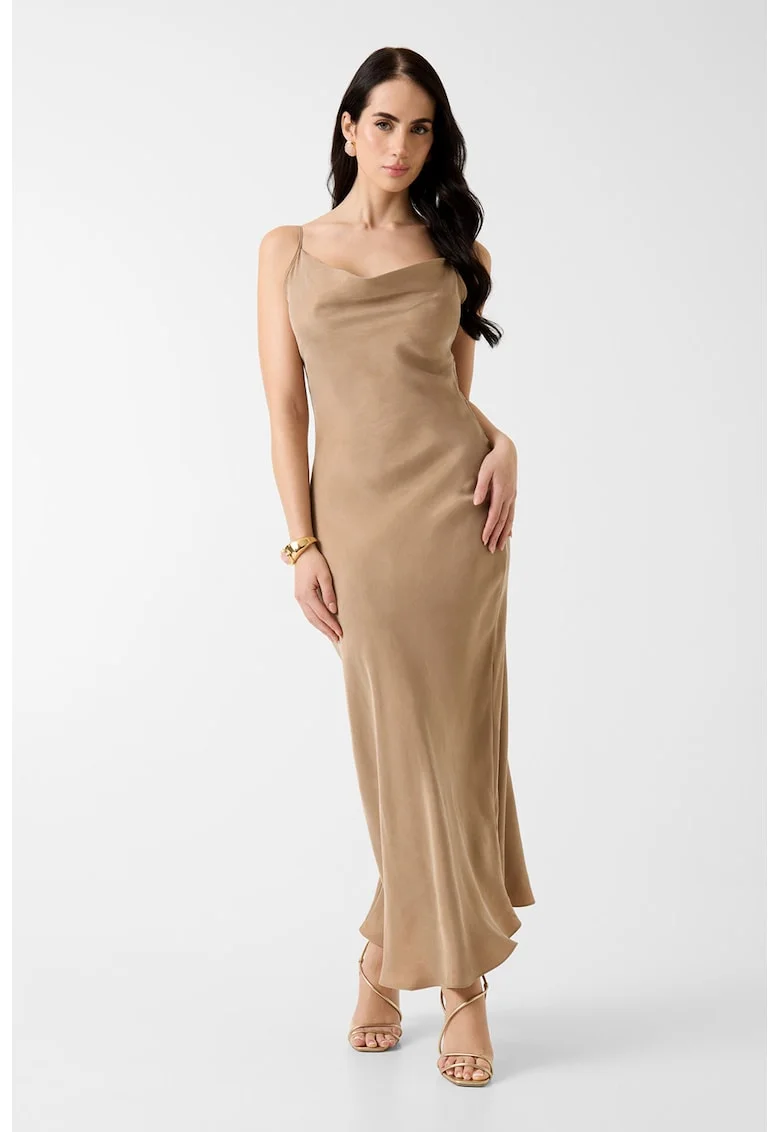 Rochie din amestec de lyocell cu decolteu drapat, Maro camel