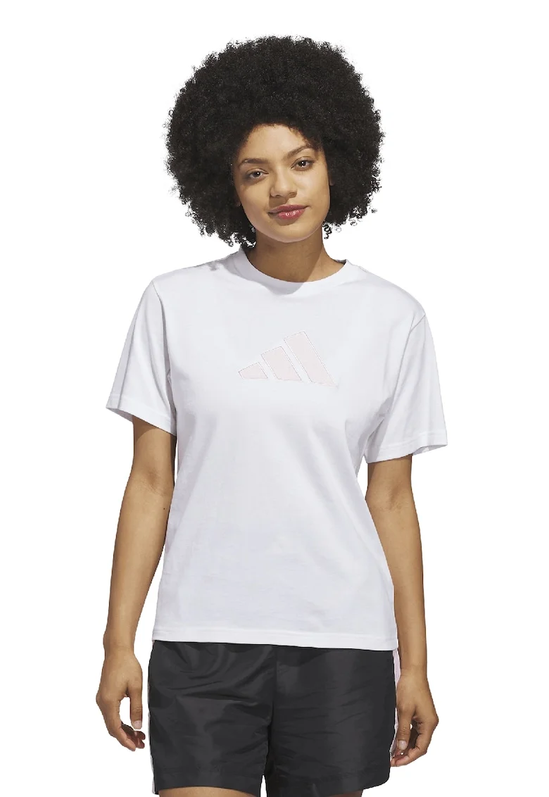 Tricou din bumbac cu decolteu la baza gatului si imprimeu logo Gingham, Alb/Roz pal
