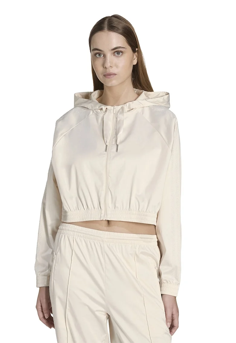 Hanorac crop cu fermoar si snur, Crem,