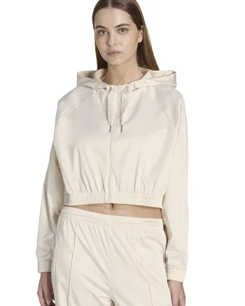 Hanorac crop cu fermoar si snur, Crem,