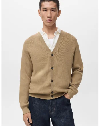 Cardigan cu decolteu in V si nasturi, Maro camel