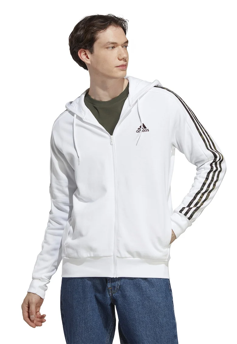 Hanorac din bumbac cu fermoar Essentials 3-Stripes, Alb
