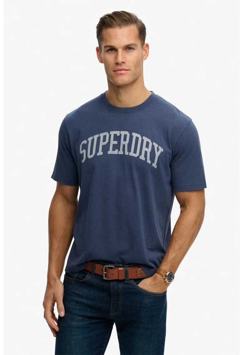 Tricou de bumbac cu imprimeu logo, Alb murdar/Bleumarin