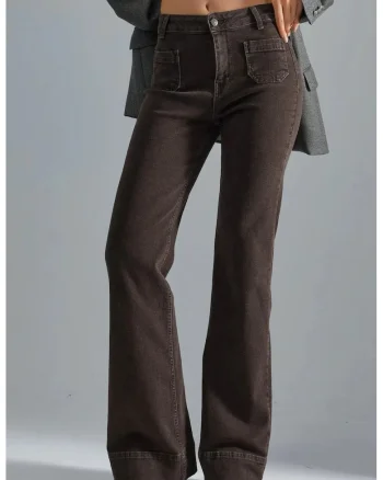 Blugi dama,  High Waist Flare, talie inalta, picior larg, maro cafeniu, denim