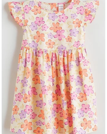 Rochie evazata cu maneci scurte, Portocaliu/Roz/Crem