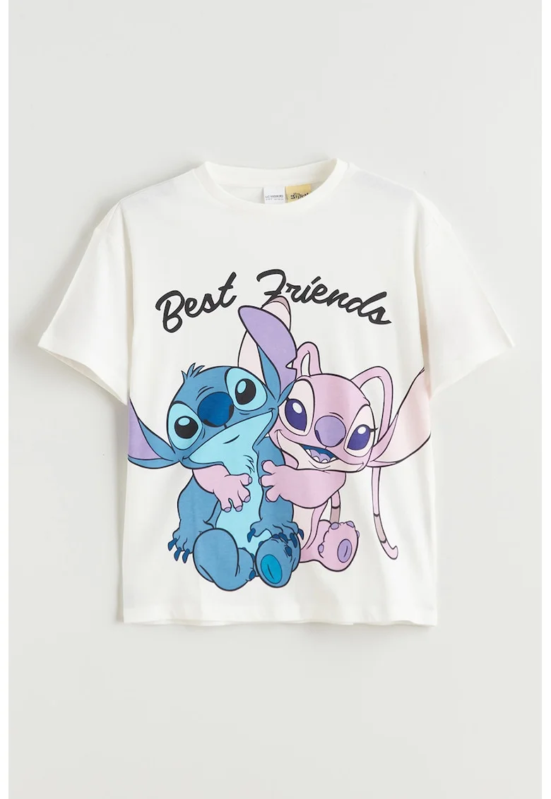 Tricou cu Stitch, Alb fildes/Lila/Roz/Albastru