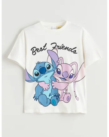 Tricou cu Stitch, Alb fildes/Lila/Roz/Albastru