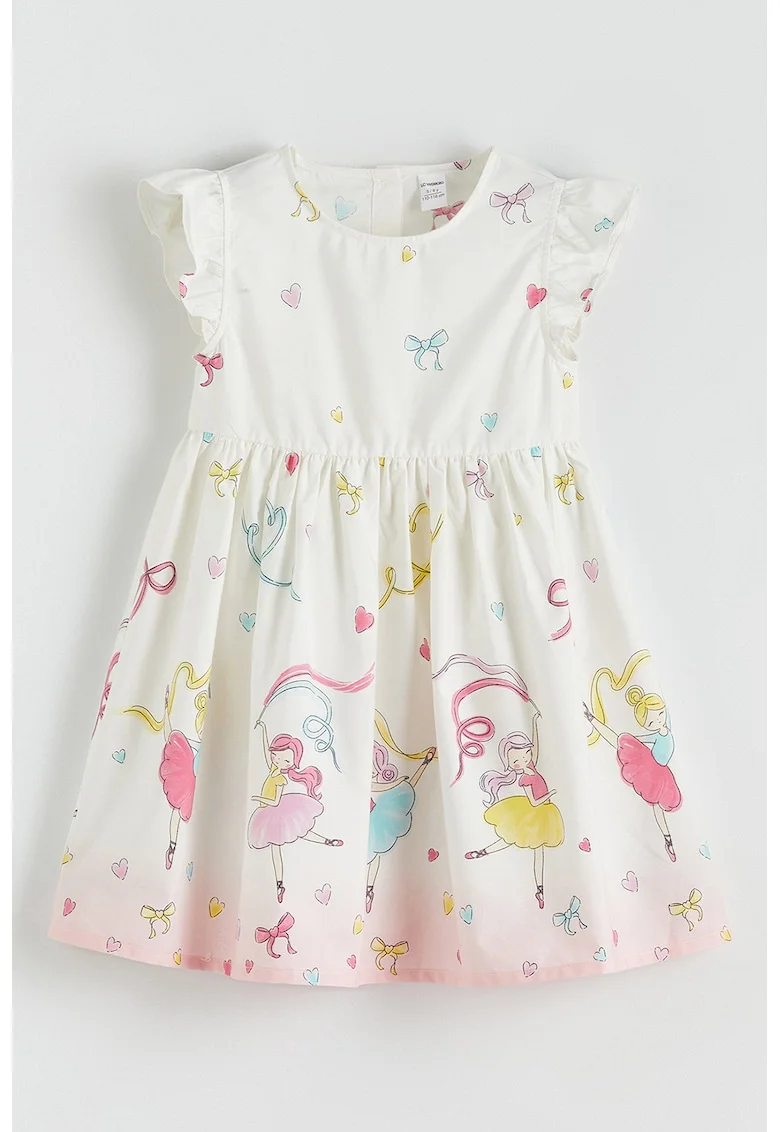 Rochie cu imprimeu si maneci scurte, Alb fildes/Roz