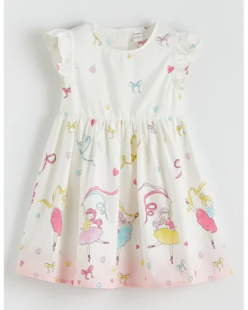 Rochie cu imprimeu si maneci scurte, Alb fildes/Roz