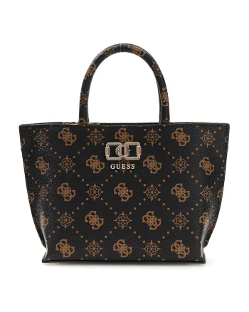 Geanta tote din piele ecologica cu model logo Emelie, Negru/Bej