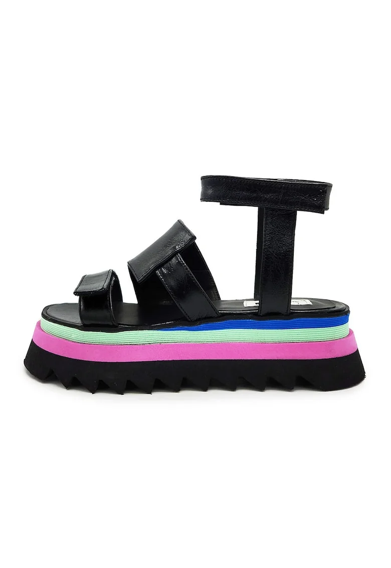 Sandale din piele cu flatforma, Verde/Negru/Roz