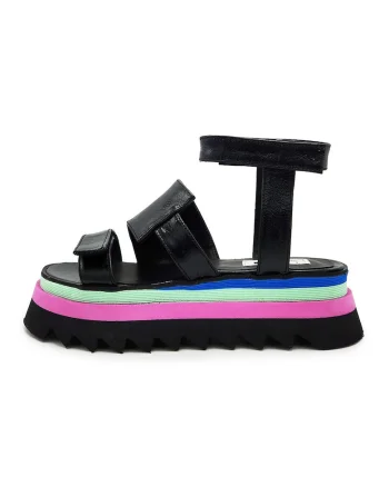 Sandale din piele cu flatforma, Verde/Negru/Roz