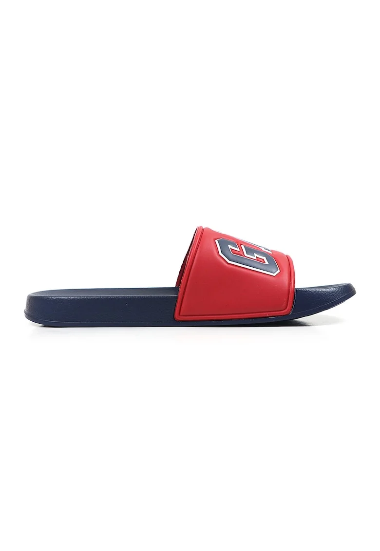 Papuci de piele ecologica cu logo, Rosu/Alb/Albastru ultramarin