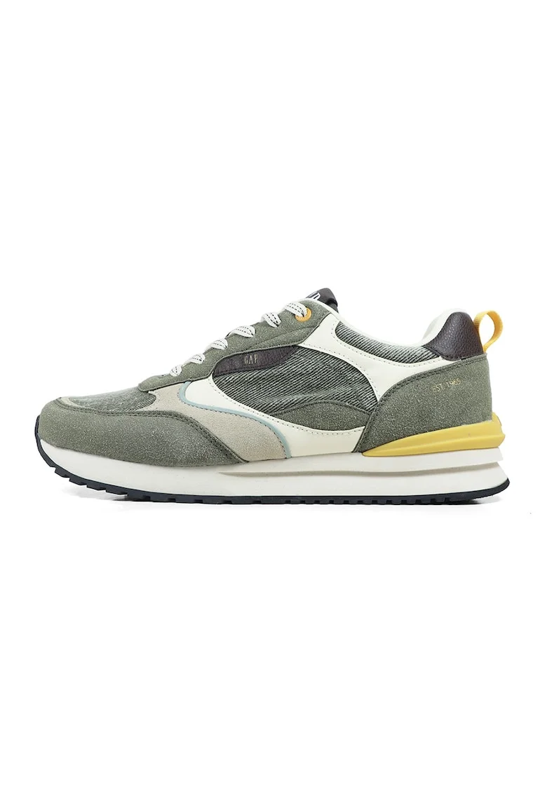 Pantofi sport low-cut cu garnituri de piele intoarsa sintetica, Kaki/Crem