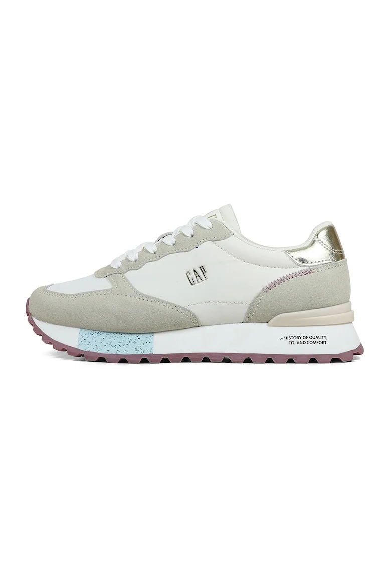Pantofi sport de piele ecologica si material textil cu logo, Alb murdar/Grej