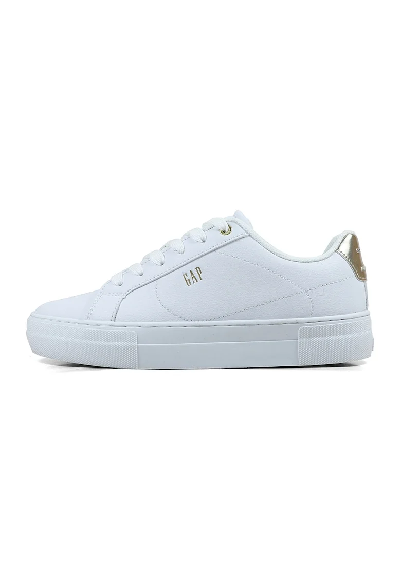Pantofi sport low-cut de piele ecologica cu logo, Alb/Auriu