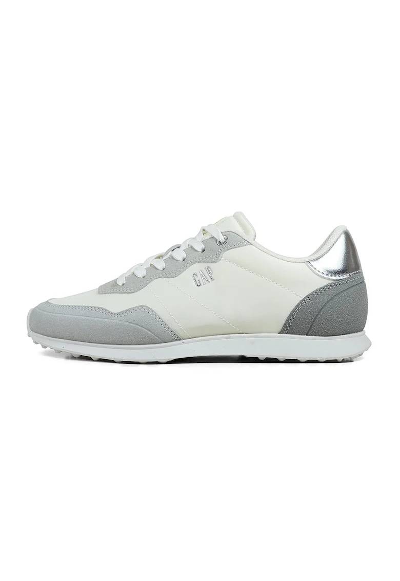 Pantofi sport de piele ecologica si material textil, Gri/Crem/Argintiu