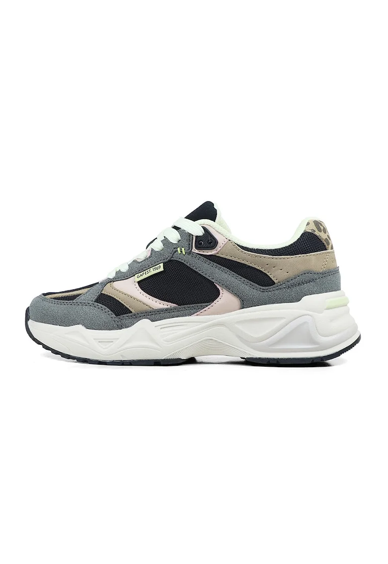 Pantofi sport de piele ecologica si plasa, Negru/Maro taupe deschis/Gri inchis