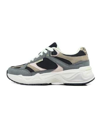 Pantofi sport de piele ecologica si plasa, Negru/Maro taupe deschis/Gri inchis