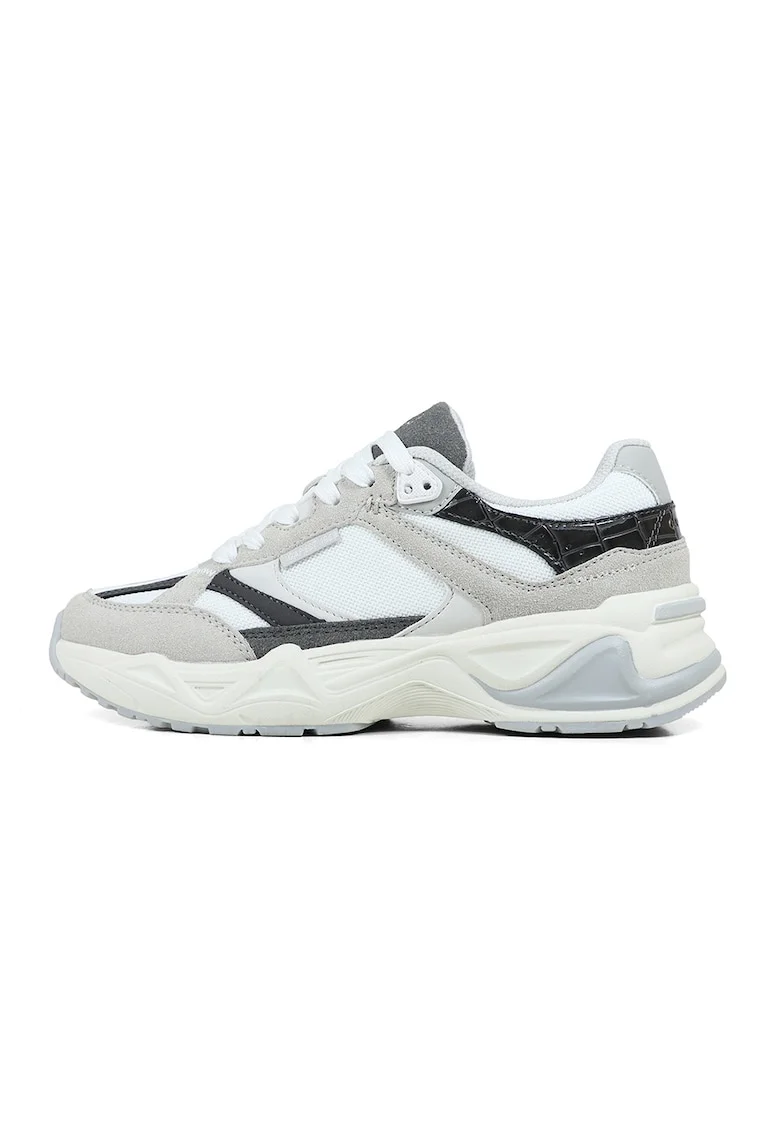 Pantofi sport de piele ecologica si plasa, Alb/Negru/Gri