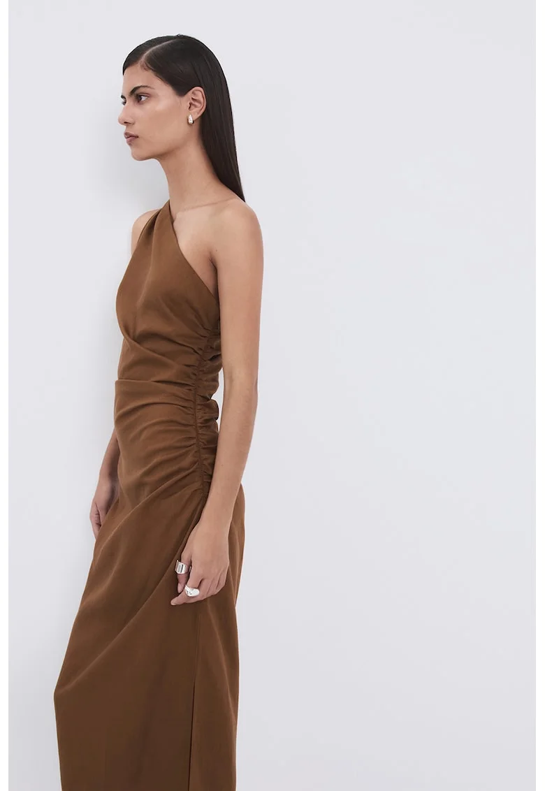 Rochie din lyocell cu decolteu pe un umar, Maro