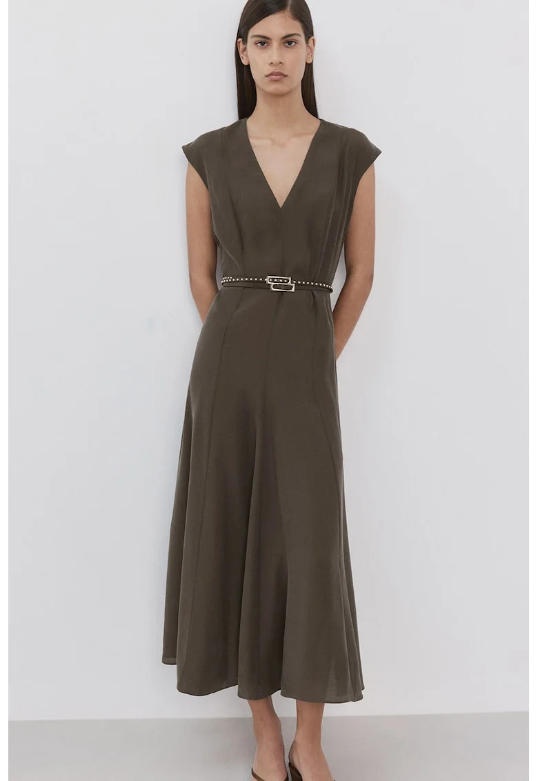 Rochie din amestec de modal cu decolteu in V si maneci scurte, Maro taupe