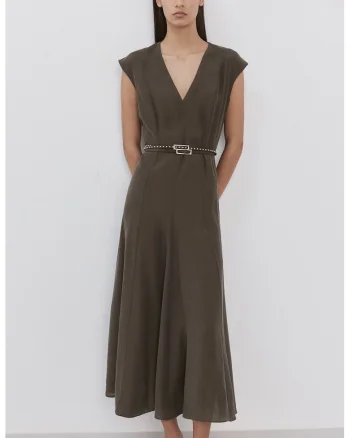 Rochie din amestec de modal cu decolteu in V si maneci scurte, Maro taupe