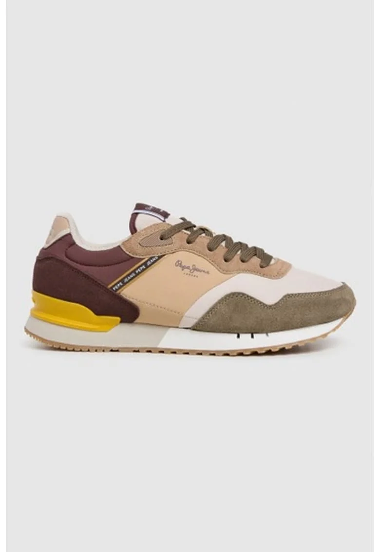 Pantofi sport low-cut de piele intoarsa cu garnituri din material sintetic, Maro cognac/Maro nisip/Verde sparanghel