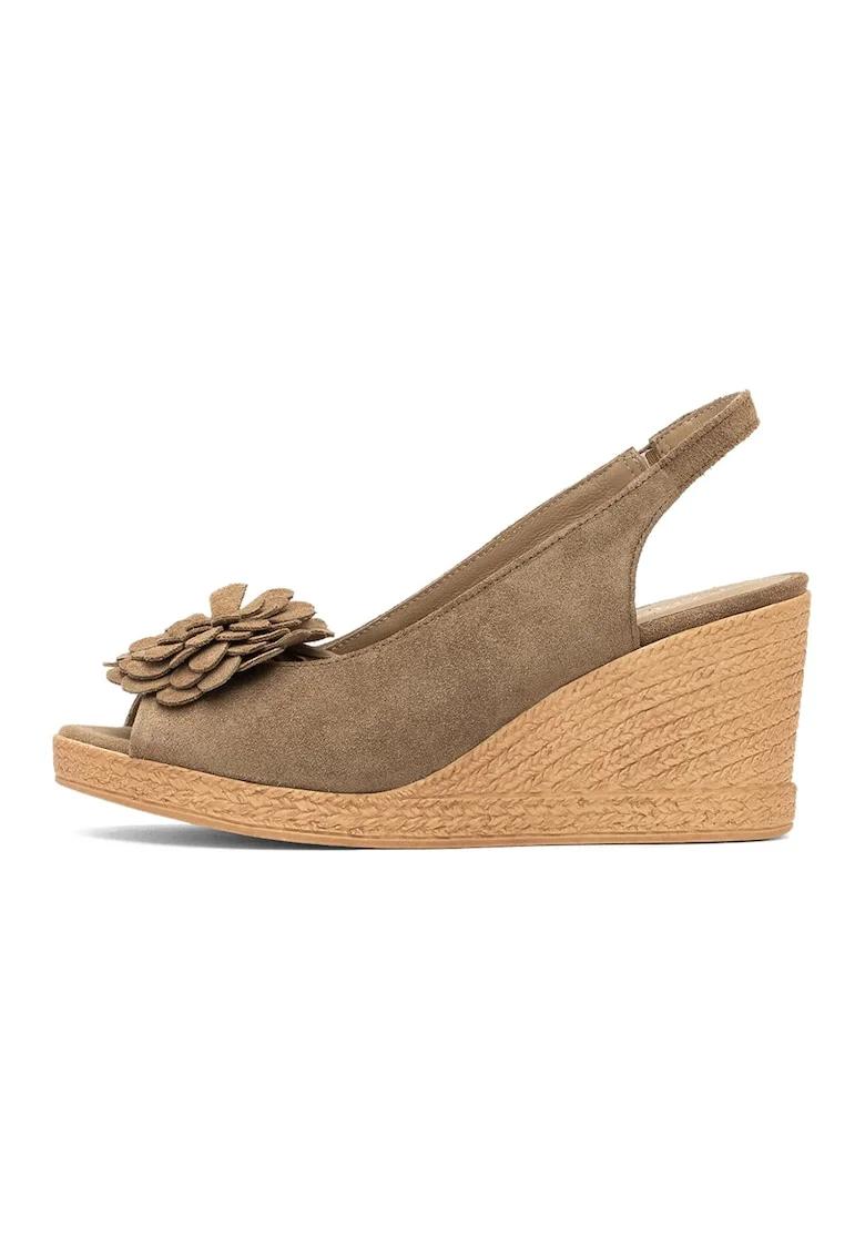 Sandale din piele cu bareta slingback talpa wedge si aplicatie florala Gwen, Bej inchis