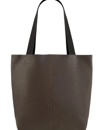 Geanta tote din piele cu barete din material textil, Maro inchis