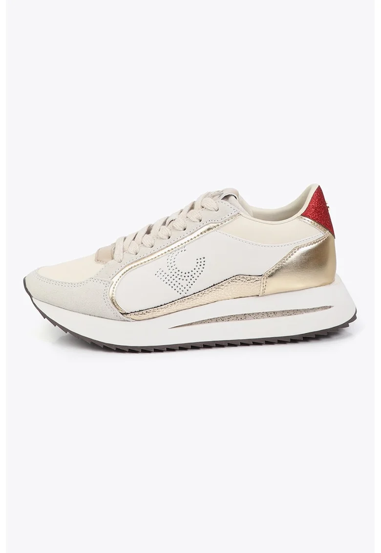 Pantofi sport cu insertii din piele ecologica, Auriu/Crem